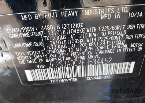 2015 Subaru Forester 2.5I Premium z USA, uszkodzony, nr VIN JF2SJADC2FH534452